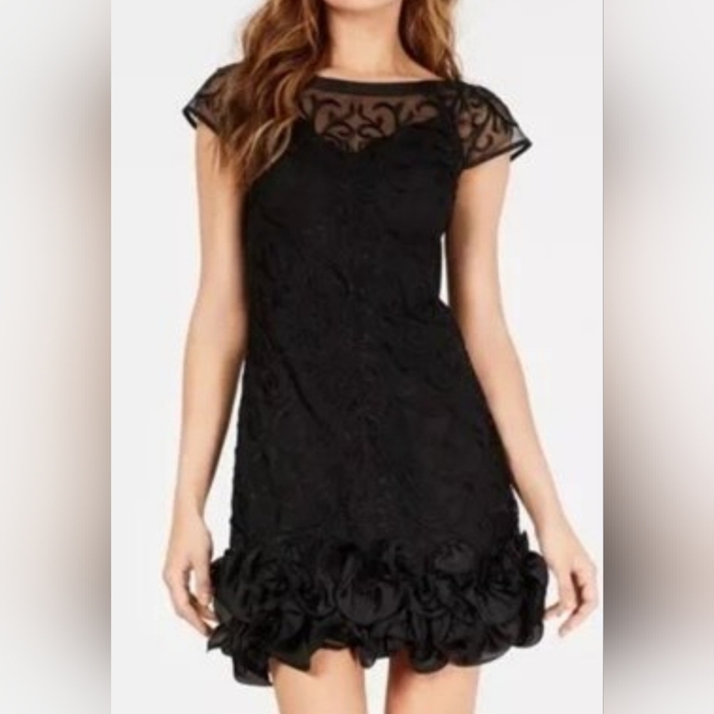 Guess Black Floral Embroidered Overlay w/Ruffled Hem Mini Dress - Size 12